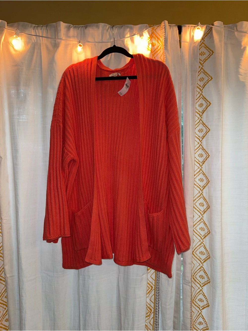 Open-Front Coral Ribbed Knit Cardigan Sweater